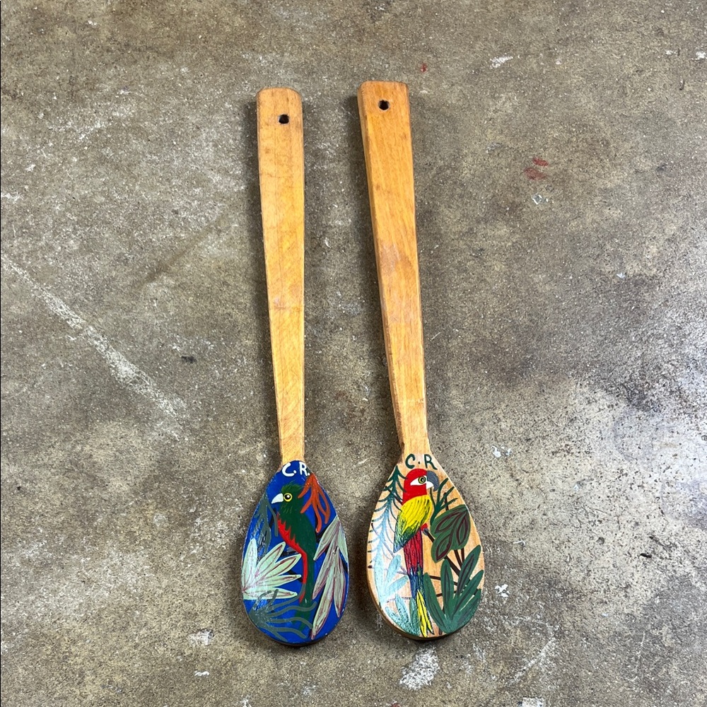 Colorful Wooden Hand painted spoons with tropical birds